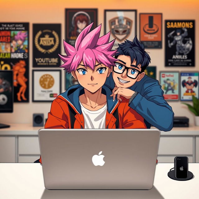 An anime character with vibrant, spiky hair, wearing a casual outfit, sitting behind a sleek modern desk with a laptop open in front of him