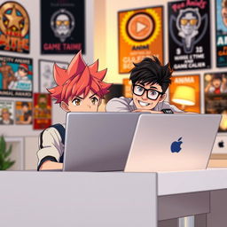 An anime character with vibrant, spiky hair, wearing a casual outfit, sitting behind a sleek modern desk with a laptop open in front of him
