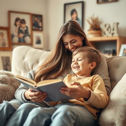 A heartwarming scene capturing the bond between a mother and her son, sitting together on a cozy couch, both smiling and engaged in a comforting activity, like reading a book together or sharing a laugh