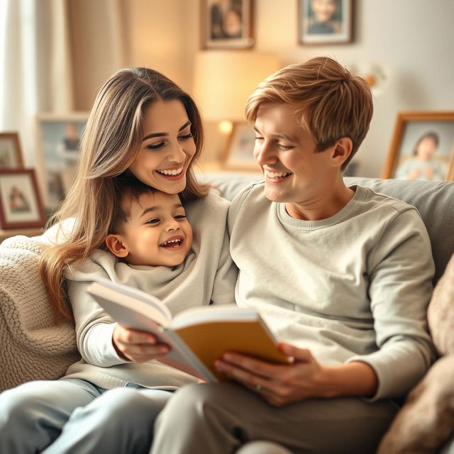 A heartwarming scene capturing the bond between a mother and her son, sitting together on a cozy couch, both smiling and engaged in a comforting activity, like reading a book together or sharing a laugh