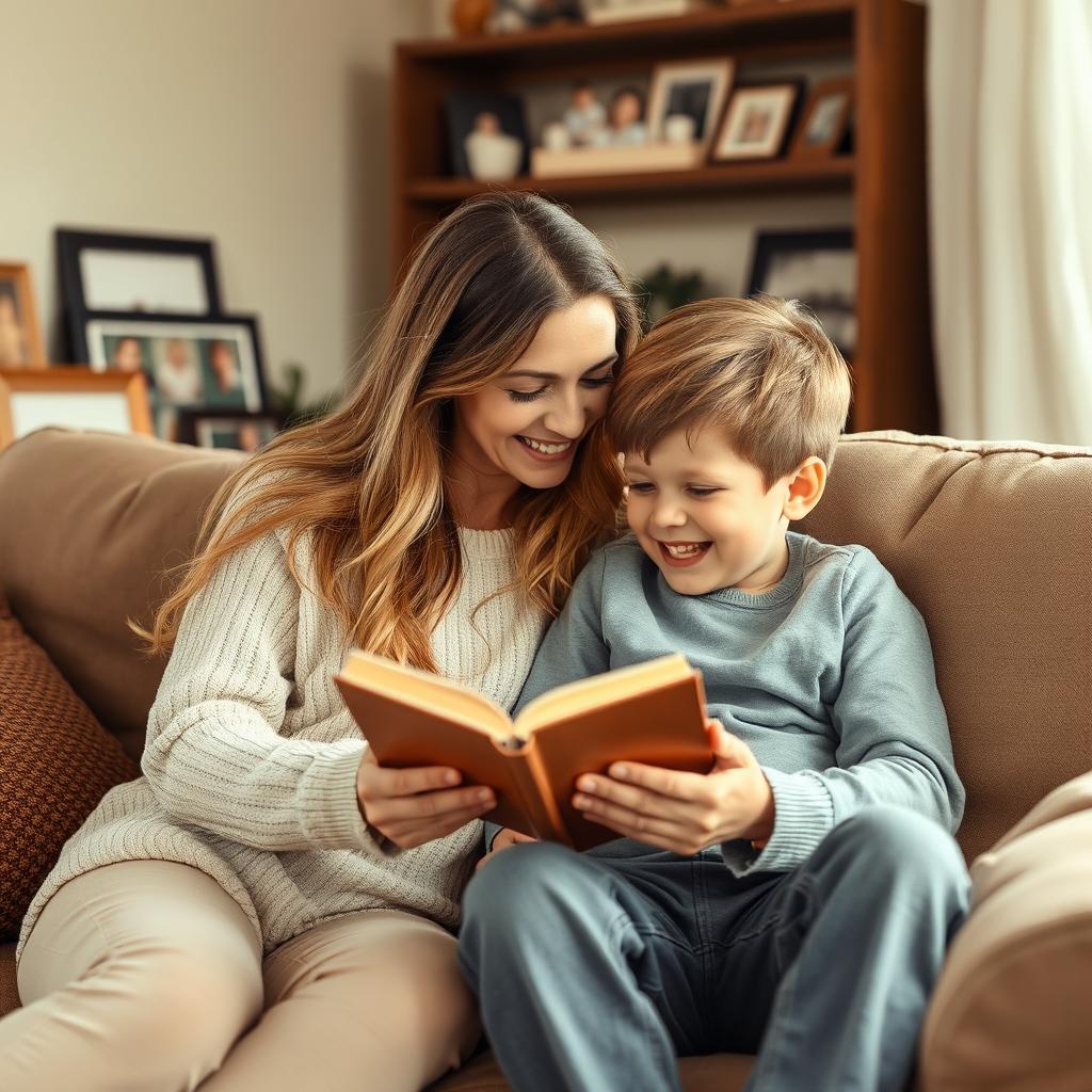 A heartwarming scene capturing the bond between a mother and her son, sitting together on a cozy couch, both smiling and engaged in a comforting activity, like reading a book together or sharing a laugh