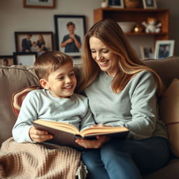 A heartwarming scene capturing the bond between a mother and her son, sitting together on a cozy couch, both smiling and engaged in a comforting activity, like reading a book together or sharing a laugh