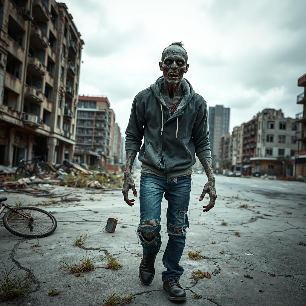 A striking image of a zombie wearing modern clothing, such as a tattered hoodie and ripped jeans, wandering through a post-apocalyptic city