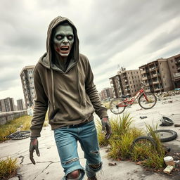 A striking image of a zombie wearing modern clothing, such as a tattered hoodie and ripped jeans, wandering through a post-apocalyptic city