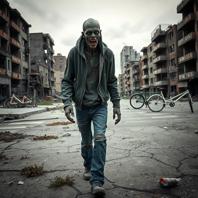 A striking image of a zombie wearing modern clothing, such as a tattered hoodie and ripped jeans, wandering through a post-apocalyptic city