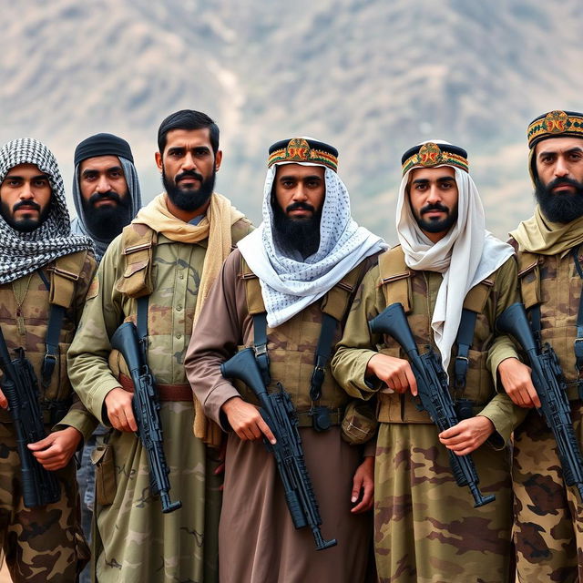 A diverse group of military personnel who are part of an Islamic militia