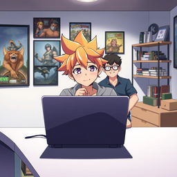 An anime character sitting behind a sleek modern desk with a laptop open in front of him