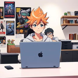 An anime character sitting behind a sleek modern desk with a laptop open in front of him