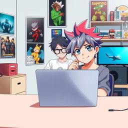 An anime character sitting behind a sleek modern desk with a laptop open in front of him