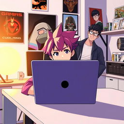 An anime character sitting behind a sleek modern desk with a laptop open in front of him
