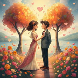A surreal and imaginative illustration of a mythical ceremony depicting an abstract and symbolic representation of a mother and son bond, set in a dreamlike garden filled with vibrant flowers and enchanting trees