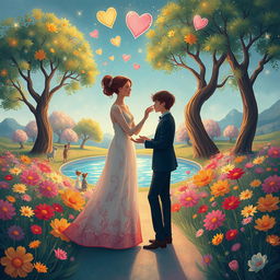 A surreal and imaginative illustration of a mythical ceremony depicting an abstract and symbolic representation of a mother and son bond, set in a dreamlike garden filled with vibrant flowers and enchanting trees