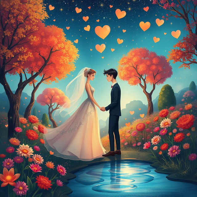 A surreal and imaginative illustration of a mythical ceremony depicting an abstract and symbolic representation of a mother and son bond, set in a dreamlike garden filled with vibrant flowers and enchanting trees