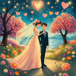 A surreal and imaginative illustration of a mythical ceremony depicting an abstract and symbolic representation of a mother and son bond, set in a dreamlike garden filled with vibrant flowers and enchanting trees