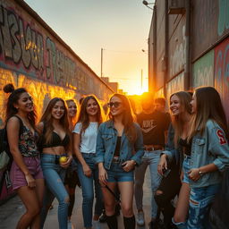 A group of stylish teenagers hanging out in an urban environment, showcasing a variety of trendy outfits