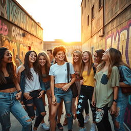 A group of stylish teenagers hanging out in an urban environment, showcasing a variety of trendy outfits