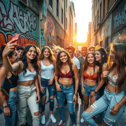 A group of stylish teenagers hanging out in an urban environment, showcasing a variety of trendy outfits