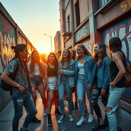 A group of stylish teenagers hanging out in an urban environment, showcasing a variety of trendy outfits