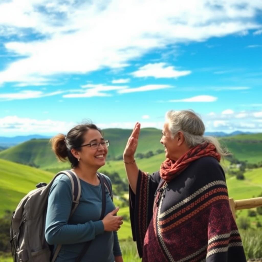 A warm scene showcasing a tourist from a foreign country being greeted by a friendly local New Zealander