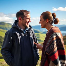 A warm scene showcasing a tourist from a foreign country being greeted by a friendly local New Zealander