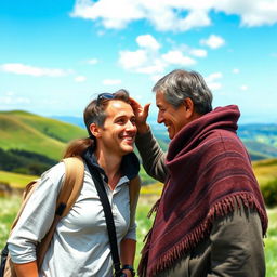 A warm scene showcasing a tourist from a foreign country being greeted by a friendly local New Zealander