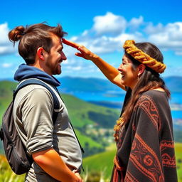 A warm scene showcasing a tourist from a foreign country being greeted by a friendly local New Zealander