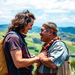 A captivating scene depicting a tourist from abroad being greeted by a friendly New Zealander