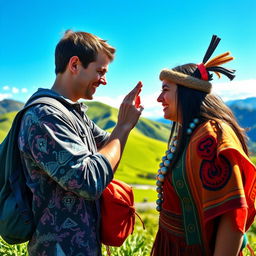 A captivating scene depicting a tourist from abroad being greeted by a friendly New Zealander