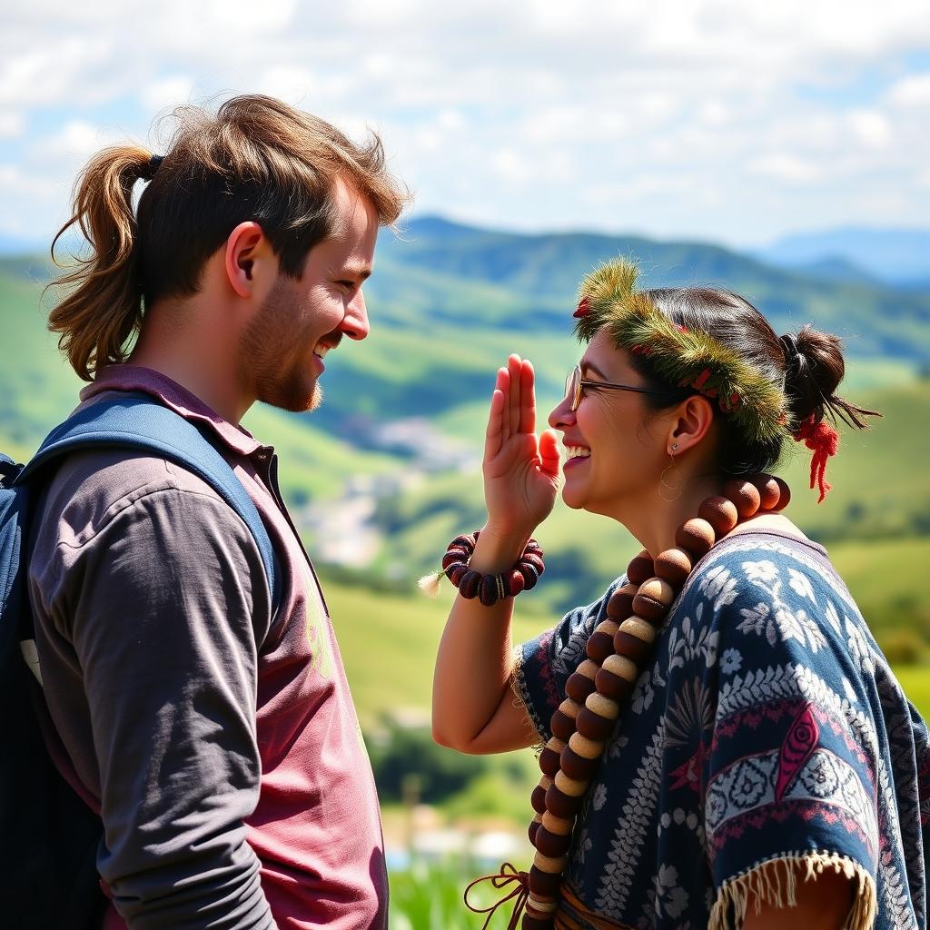 A captivating scene depicting a tourist from abroad being greeted by a friendly New Zealander