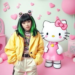 A creative mashup of Billie Eilish and Hello Kitty, featuring Billie Eilish with her iconic green and black hair, wearing a stylish outfit that includes oversized clothing and unique accessories, standing next to a cute, cartoonish version of Hello Kitty