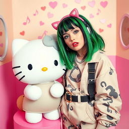 A creative mashup of Billie Eilish and Hello Kitty, featuring Billie Eilish with her iconic green and black hair, wearing a stylish outfit that includes oversized clothing and unique accessories, standing next to a cute, cartoonish version of Hello Kitty