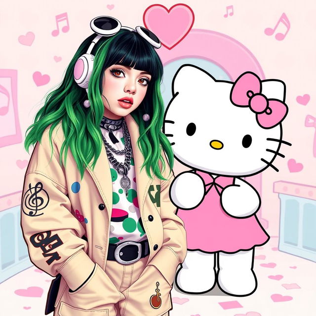 A creative mashup of Billie Eilish and Hello Kitty, featuring Billie Eilish with her iconic green and black hair, wearing a stylish outfit that includes oversized clothing and unique accessories, standing next to a cute, cartoonish version of Hello Kitty