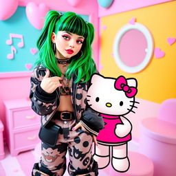 A creative mashup of Billie Eilish and Hello Kitty, featuring Billie Eilish with her iconic green and black hair, wearing a stylish outfit that includes oversized clothing and unique accessories, standing next to a cute, cartoonish version of Hello Kitty