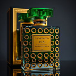 A luxurious perfume bottle named 'Vintage Odyssey', designed to be square-shaped with intricate and stunning designs featuring 'O' patterns all over the surface