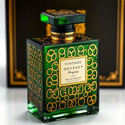 A luxurious perfume bottle named 'Vintage Odyssey', designed to be square-shaped with intricate and stunning designs featuring 'O' patterns all over the surface