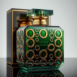 A luxurious perfume bottle named 'Vintage Odyssey', designed to be square-shaped with intricate and stunning designs featuring 'O' patterns all over the surface