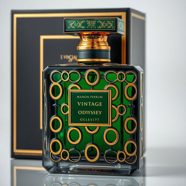 A luxurious perfume bottle named 'Vintage Odyssey', designed to be square-shaped with intricate and stunning designs featuring 'O' patterns all over the surface