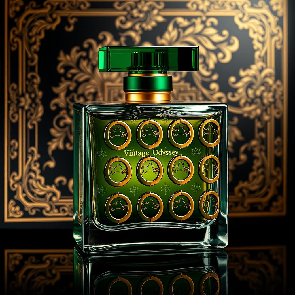 An elegant perfume bottle named "Vintage Odyssey" featuring a sleek square design