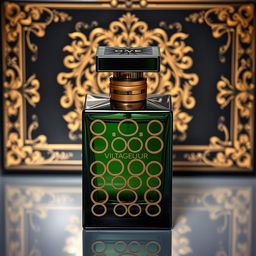 An elegant perfume bottle named "Vintage Odyssey" featuring a sleek square design