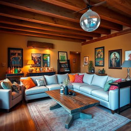 A cozy yet stylish interior room featuring a rustic modern design theme combined with a disco vibe
