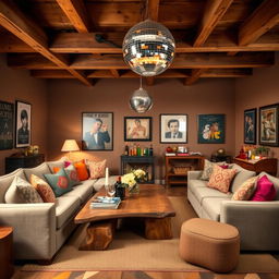 A cozy yet stylish interior room featuring a rustic modern design theme combined with a disco vibe