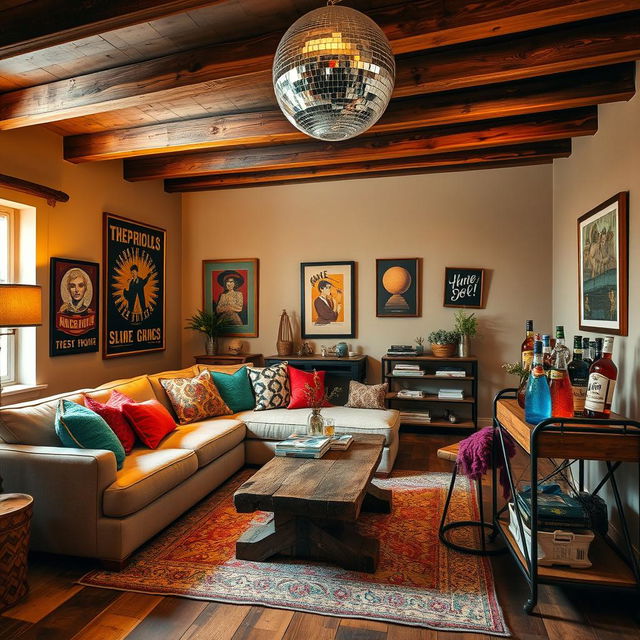 A cozy yet stylish interior room featuring a rustic modern design theme combined with a disco vibe