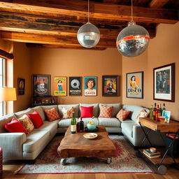 A cozy yet stylish interior room featuring a rustic modern design theme combined with a disco vibe