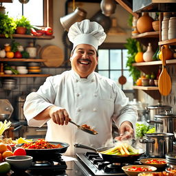 A large, jovial chef in a bustling kitchen, wearing a traditional white chef's coat and a tall chef's hat