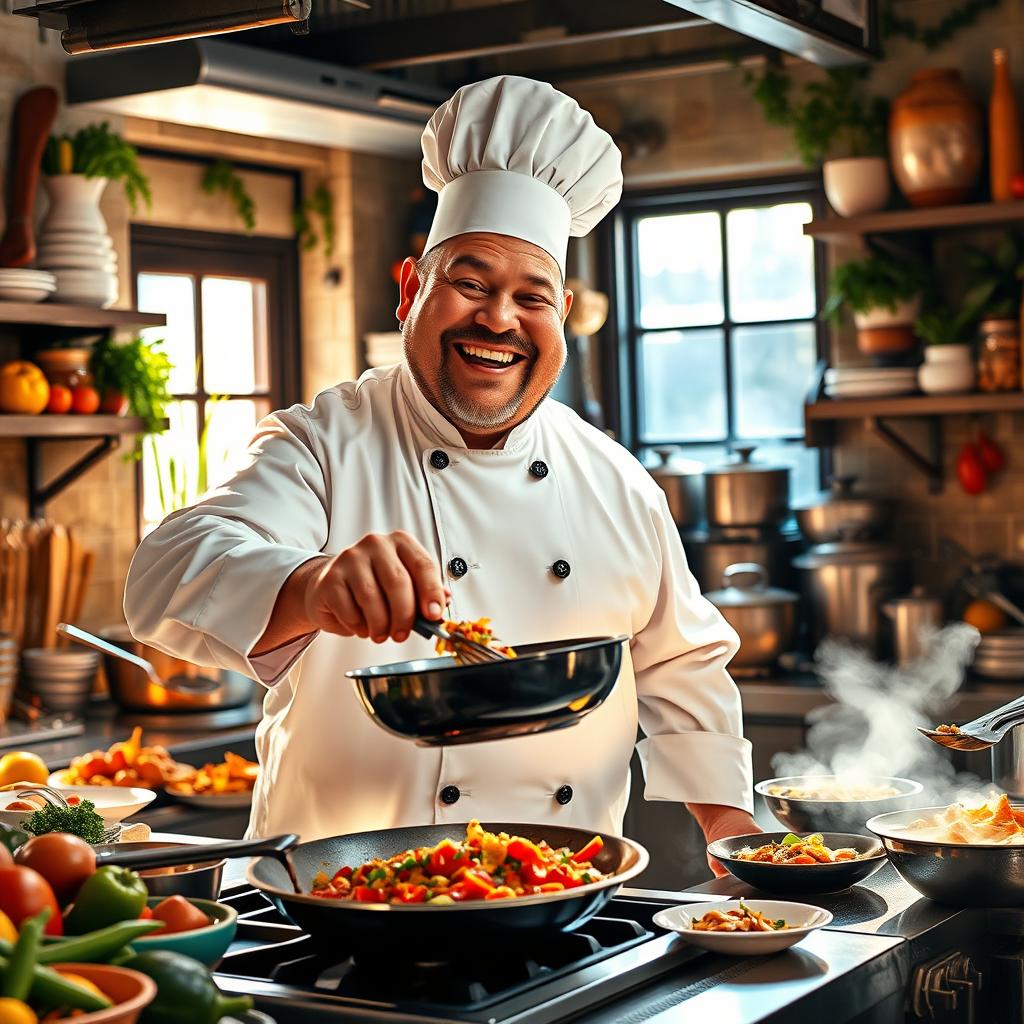 A large, jovial chef in a bustling kitchen, wearing a traditional white chef's coat and a tall chef's hat