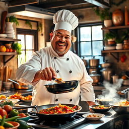 A large, jovial chef in a bustling kitchen, wearing a traditional white chef's coat and a tall chef's hat