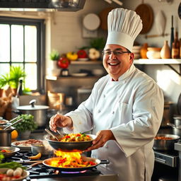 A large, jovial chef in a bustling kitchen, wearing a traditional white chef's coat and a tall chef's hat