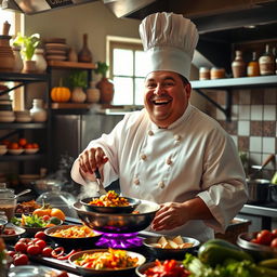 A large, jovial chef in a bustling kitchen, wearing a traditional white chef's coat and a tall chef's hat