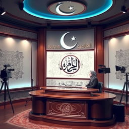 A serene Islamic channel broadcast studio, elegantly adorned with traditional Islamic patterns on the walls, featuring a large crescent moon and star logo