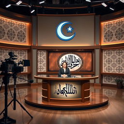 A serene Islamic channel broadcast studio, elegantly adorned with traditional Islamic patterns on the walls, featuring a large crescent moon and star logo